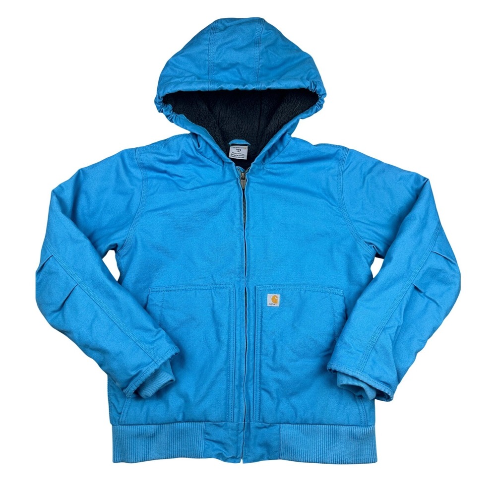 Carhartt Youth Boys Girls Blue Sherpa Lined Canvas Hooded Jacket L 14 Workwear